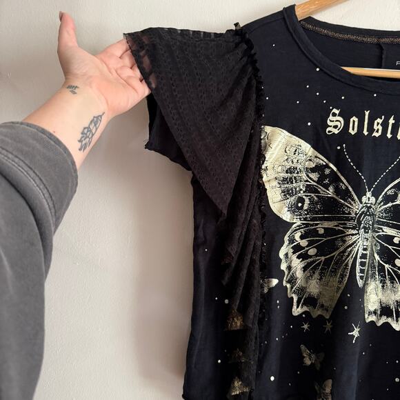 PILCRO | Solstice Golden Hour Tee Gold Butterfly with Lace Ruffle | Extra Small - Picture 6 of 7
